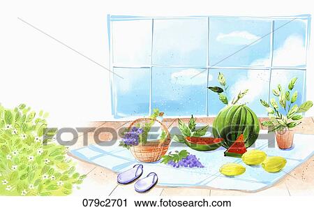 summer fruits on mat by the window View Large Illustration Clip Art - summer fruits on mat by the window. Fotosearch