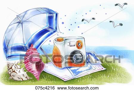 Stock Illustration - turban shells and polaroid and umbrella by the sea. Fotosearch