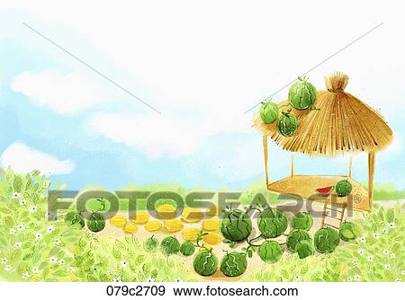Stock Illustration - watermelons and lookout hut. Fotosearch