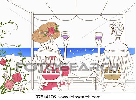 Stock Illustration - woman and man drink beverage by the beach. Fotosearch