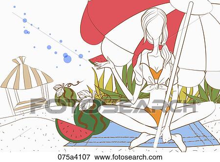 Stock Illustration - woman eating watermelon under the parasol. Fotosearch