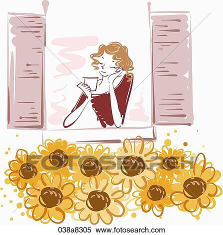 Stock Illustration - woman has tea time by the window. Fotosearch