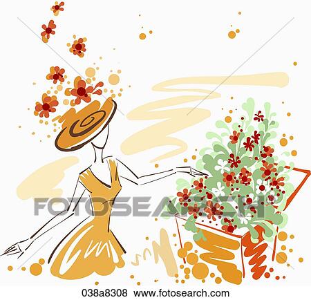Stock Illustration - woman is beside the flowers. Fotosearch