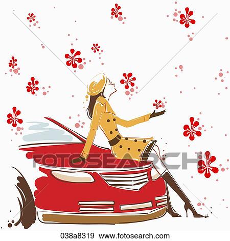 Stock Illustration - woman leaning against the car. Fotosearch