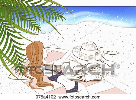Drawing - woman lying face down on the sunbed. Fotosearch
