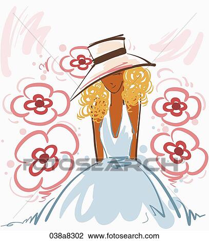 Drawing - woman wearing hat and dress. Fotosearch