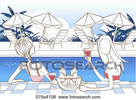 women drink wine in the pool View Large Illustration Stock Illustration - women drink wine in the pool. Fotosearch