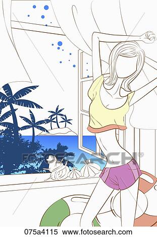 Stock Illustration - women standing beside the window. Fotosearch
