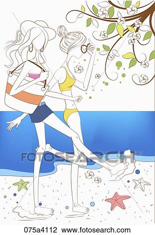 Drawing - women walking by the sea. Fotosearch