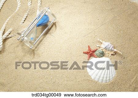 sea shells and hourglass on sand View Large Photo Image Stock Photo - sea shells and hourglass on sand. Fotosearch