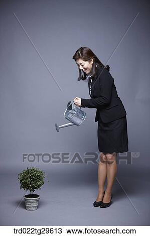 Stock Image - woman watering plant. Fotosearch
