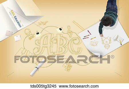 Stock Illustration - A boy drawing picture with English study illustration and education note. Fotosearch