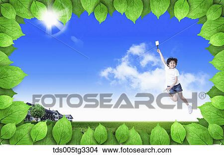 A boy jumping with paintbrush with green leaves around View Large Illustration Stock Illustration - A boy jumping with paintbrush with green leaves around. Fotosearch