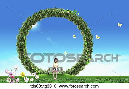 A boy sitting on bench under circled green plant with the blue sky around View Large Illustration Clipart - A boy sitting on bench under circled green plant with the blue sky around. Fotosearch