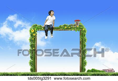 Clip Art - A boy sitting on green frame with the blue sky . Fotosearch