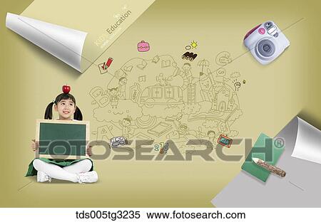 Stock Illustration - A girl holding blackboard with camera, pencil, and education around. Fotosearch