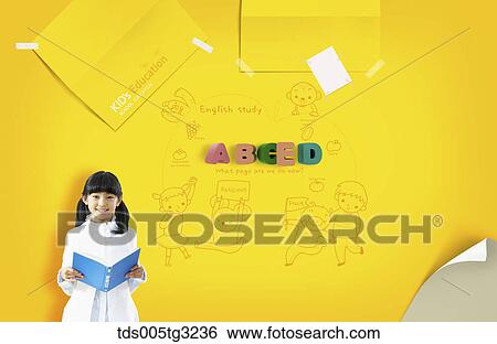 Stock Illustration - A girl holding book with English study illustration and education note . Fotosearch