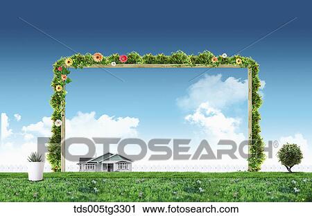 A house with green frame and the blue sky around View Large Illustration Clip Art - A house with green frame and the blue sky around. Fotosearch