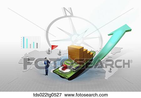 A man and container ship with rising arrow and world map View Large Illustration Stock Illustration - A man and container ship with rising arrow and world map . Fotosearch