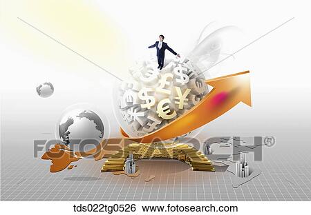 Stock Illustration - A man on the foreign currency globe with rising arrow. Fotosearch