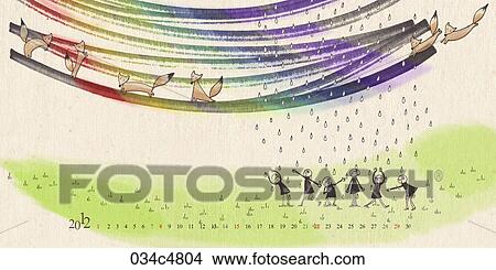 Stock Illustration - April calendar with rainbow and rain in 2012. Fotosearch