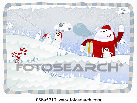 Clipart - bear and snowmen wearing santa clothes with white winter background. Fotosearch