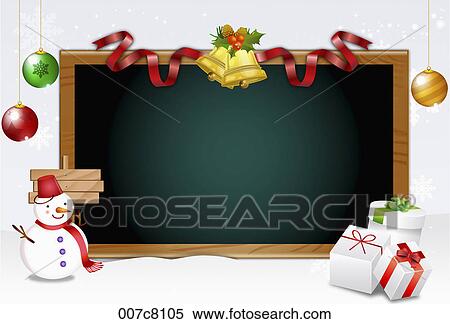 Stock Illustration - black board with christmas decorations of snowman and gift boxes. Fotosearch