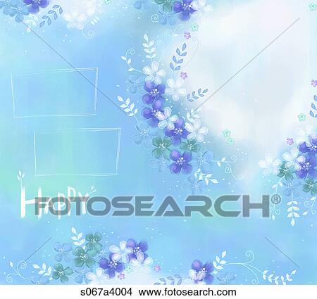 Stock Illustration - blue flowers and happy word with blue background. Fotosearch