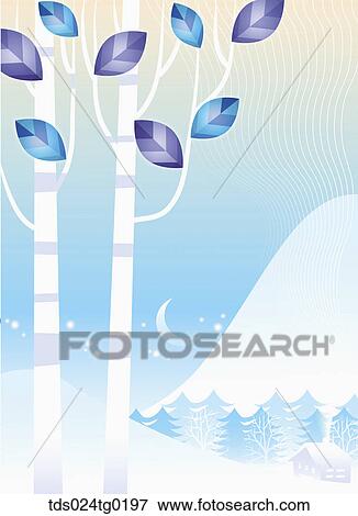 Stock Illustration - blue leaves tree with winter background. Fotosearch