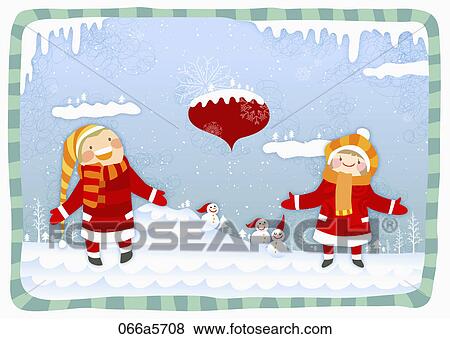 boy and girl wearing santa clothes with blue winter background View Large Illustration Stock Illustration - boy and girl wearing santa clothes with blue winter background. Fotosearch