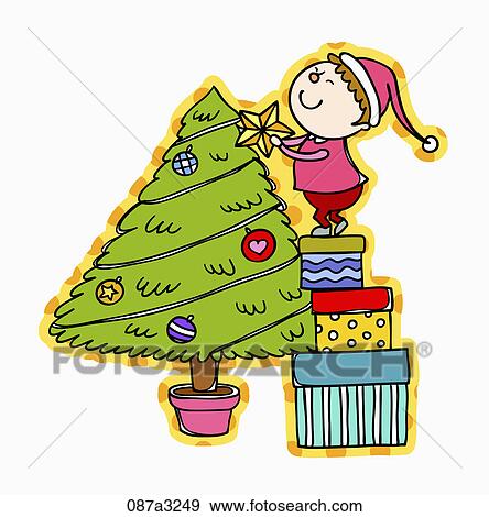 boy decorating tree on the gift boxes View Large Illustration Stock Illustration - boy decorating tree on the gift boxes. Fotosearch