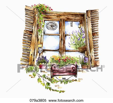 Stock Illustration - brown wood window with colorful flowers. Fotosearch