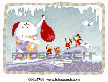 children and snowman wearing santa clothes with purple background View Large Illustration Stock Illustration - children and snowman wearing santa clothes with purple background. Fotosearch
