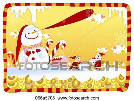 children and snowman with yellow winter background View Large Illustration Stock Illustration - children and snowman with yellow winter background. Fotosearch