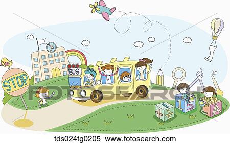 children at the bus stop and reading books View Large Illustration Stock Illustration - children at the bus stop and reading books. Fotosearch