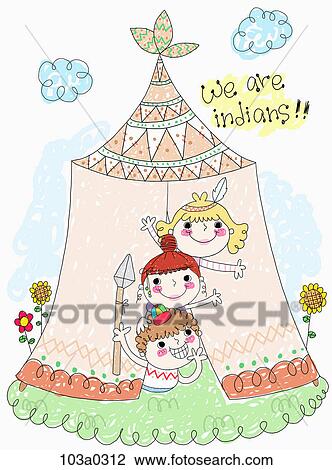 children in the Indian tent View Large Illustration Drawing - children in the Indian tent. Fotosearch