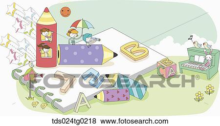 children on the pencils with sketch book, Korean English blocks View Large Illustration Stock Illustration - children on the pencils with sketch book, Korean English blocks. Fotosearch