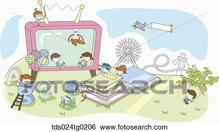 Stock Illustration - children reading books, playing by TV, alphabet blocks and on swing. Fotosearch