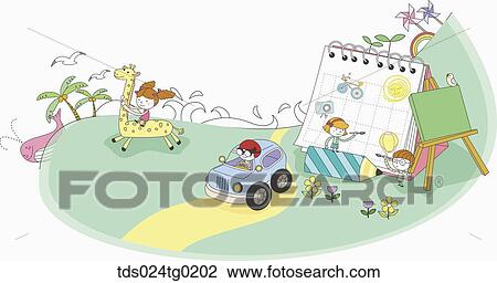 children riding on giraffe and car, and drawing pictures View Large Illustration Drawing - children riding on giraffe and car, and drawing pictures . Fotosearch
