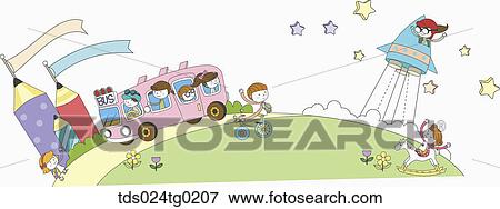 Stock Illustration - children riding on the bus, bike, wooden horse, and spaceship. Fotosearch