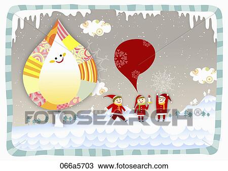 Drawing - children wearing red santer clothes with winter background. Fotosearch