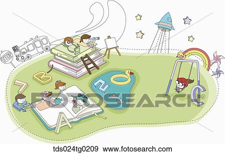Stock Illustration - children with books and alphabet blocks. Fotosearch