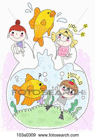 children with goldfishes and fishbowl View Large Illustration Stock Illustration - children with goldfishes and fishbowl . Fotosearch