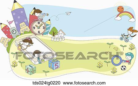 Clipart - children with mobile phone, clock, bike and magnifier. Fotosearch