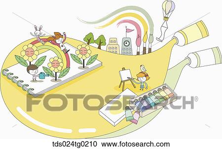 Clipart - children with rainbow, flowers, drawing, yellow and green paint. Fotosearch