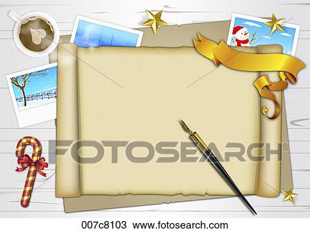 christmas letter with pen, pictures, coffee, cane around View Large Illustration Drawing - christmas letter with pen, pictures, coffee, cane around. Fotosearch