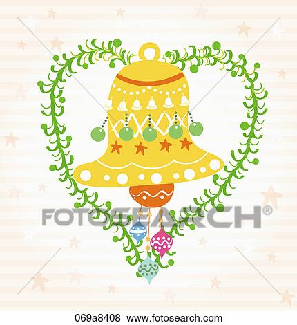 Stock Illustration - Christmas with gold bell and green leave heart. Fotosearch