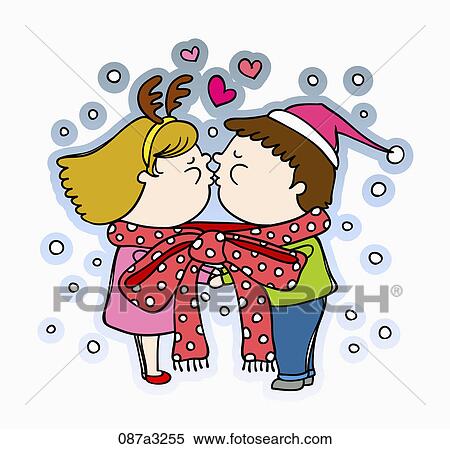 Stock Illustration - Christmas with kissing man and woman with ribbon around . Fotosearch