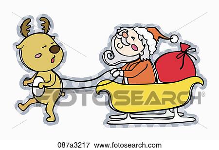 Stock Illustration - Christmas with rudolph and santa driving sleigh. Fotosearch