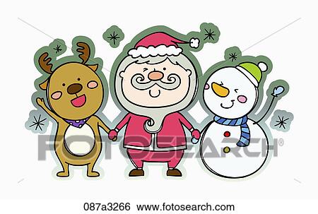 Stock Illustration - Christmas with rudolph, santa and snoman holding hands together. Fotosearch